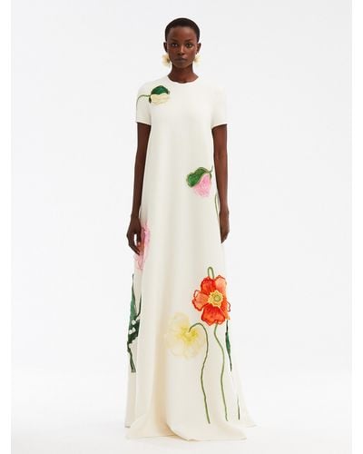 Oscar de la Renta Painted Poppies Embroidered Gown - White