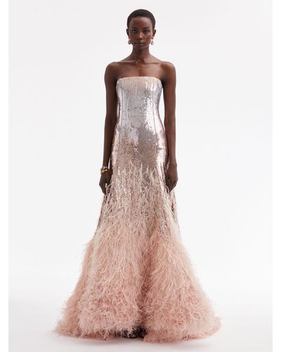 Oscar de la Renta Sequin & Feather Embroidered Gown - Pink