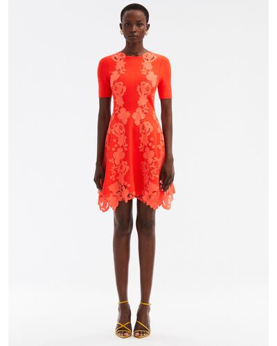 Oscar de la Renta Mixed Botanical Guipure Inset Mini Dress - Red