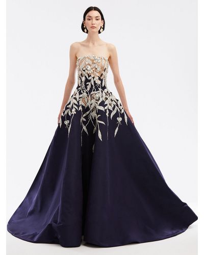 Oscar de la Renta Strapless Crystal Flower Gown - Blue