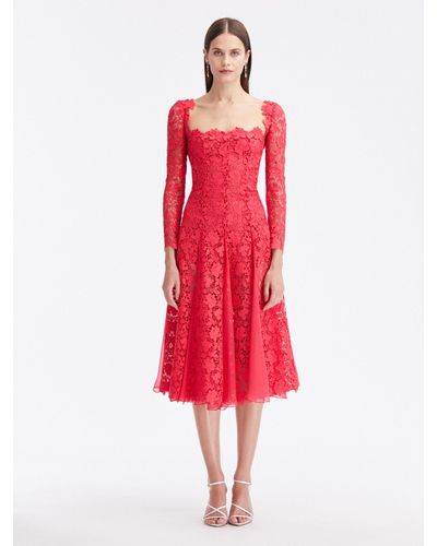 Oscar de la Renta Gardenia Guipure Lace Midi Dress - Red