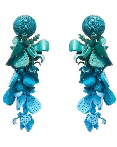 Oscar de la Renta Wooden Flower Cluster Earrings - Blue