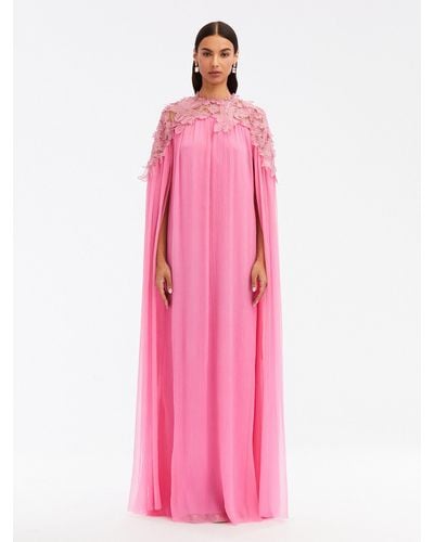 Oscar de la Renta Flora & Fauna Embroidered Chiffon Caftan - Pink