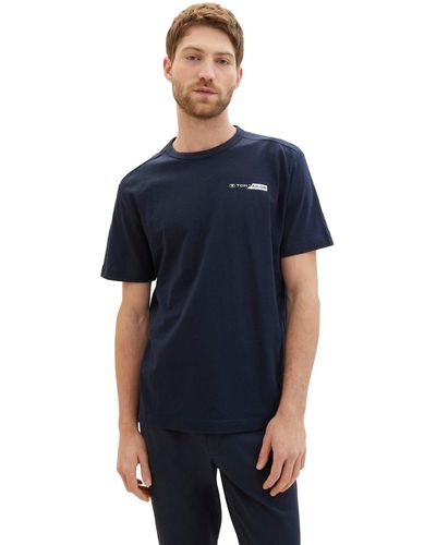 Tom Tailor Rundhalsshirt in melierter Optik und mit Logo-Print - Blau