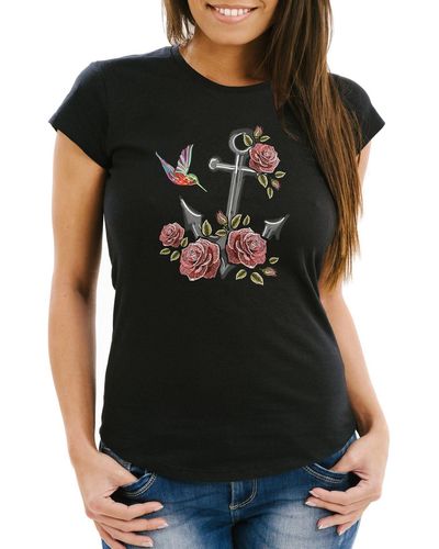 Neverless T-Shirt Anker Rosen Patch Tropical Anchor Stick-Optik Slim Fit ® mit Print - Schwarz