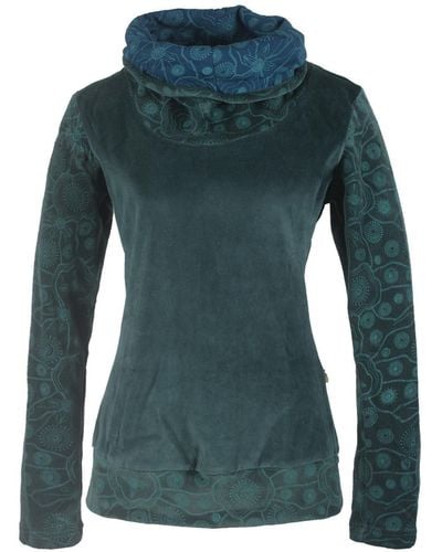 Vishes Rollkragen Samtpullover Sweater aus Baumwolle bedruckt Hippie, Goa, Boho Style - Grün