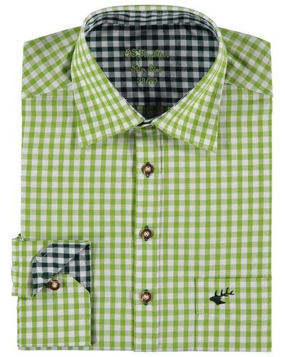 OS-Trachten Trachtenhemd Pasevu Langarmhemd mit Hirsch-Stickerei auf der Brusttasche - Grün