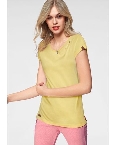 Ragwear T-Shirt MINT O mit Logoschriftzug und Zierknopf-Applikation in natürlicher Holzoptik - Gelb