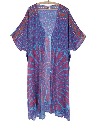 Guru-Shop Longbluse Leichter Sommer Kimono, Umhang, Strandkleid mit.. alternative Bekleidung - Blau