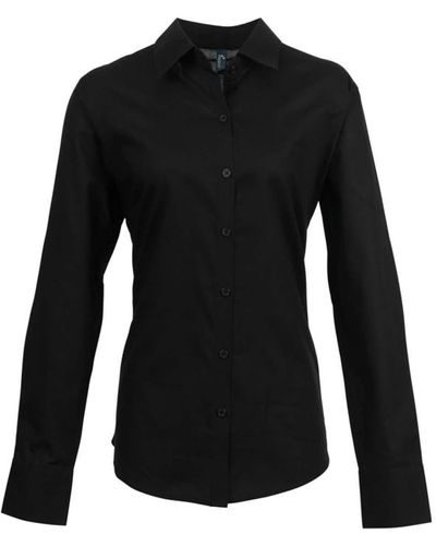 PREMIER Hemdbluse Bluse Langarm Oxford Hemd Baumwolle Basic Stretch Shirt - Schwarz