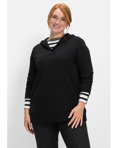 Sheego Sweatshirt Große Größen mit breiter Blende am Ausschnitt - Schwarz