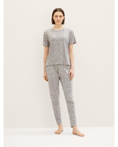 Tom Tailor Schlafhose Pyjamahose mit Leo-Print - Grau