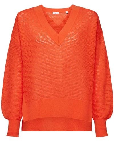 Esprit Pullover mit V-Ausschnitt im Pointelle-Design - Orange