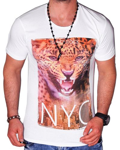 Blackrock T-Shirt Urlaub Leopard Tiger kurzarm Rundhals bedruckt Slim-Fit - Weiß