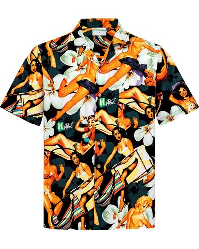 Hawaiihemdshop.de .de Hawaiihemd Hawaiihemdshop Hawaii Hemd Baumwolle Kurzarm Blüten Shirt - Orange