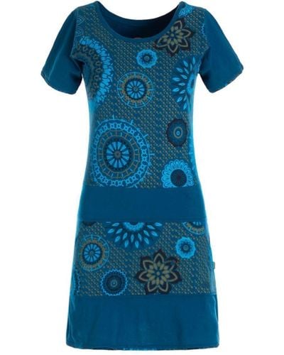 Vishes Sommerkleid Kurzarm Sommer- Mini- Tunika-Kleid T-Shirtkleid Guru, Hippie, Ethno Style - Blau