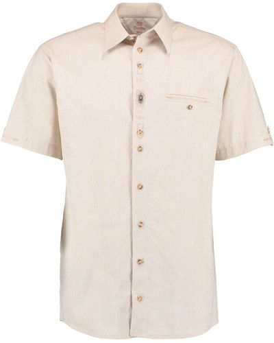 OS-Trachten Trachtenhemd Evubus Kurzarmhemd mit Stickerei und Zierteil auf der Knopfleiste - Natur