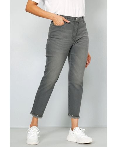 MIAMODA Röhrenjeans 7/8-Jeans Slim Fit Fransensaum mit Zierperlen - Grau