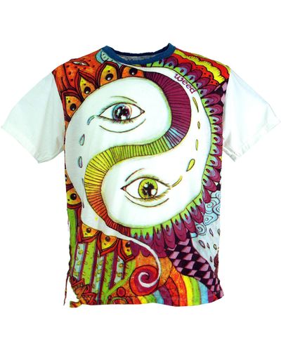 Guru-Shop Weed T-Shirt - Yin Yang weiß/bunt Goa Style, Festival, alternative Bekleidung - Grün