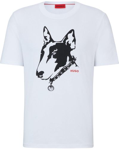 HUGO T-Shirt Dammock mit Hunde-Artwork (1-tlg) - Weiß