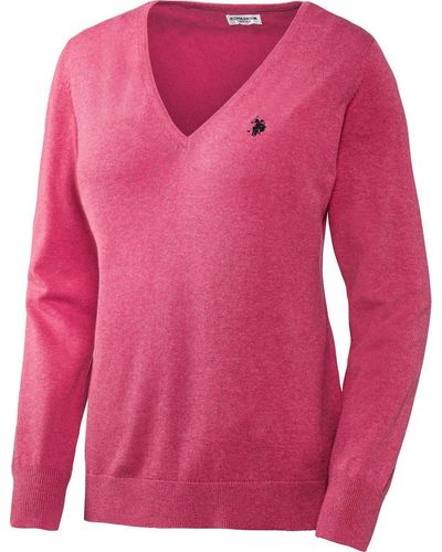 U.S. POLO ASSN. V-Ausschnitt-Pullover aus weichem Baumwollmix-Strick und leicht tailliert - Pink