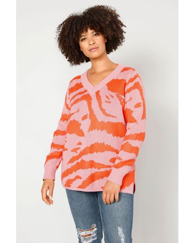 Sara Lindholm Strickpullover Pullover Regular Fit Color-Zebra V-Ausschnitt - Rot