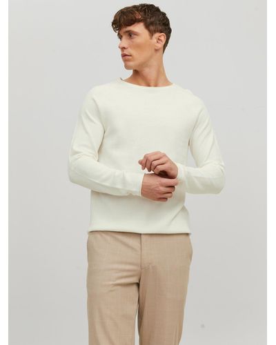 Jack & Jones Rundhals Strickpullover Langarm Sweater aus Baumwolle JJEHILL 4830 in Weiß - Natur