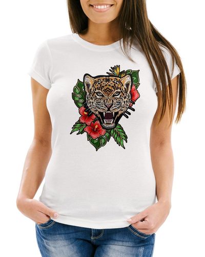 Neverless T-Shirt Tiger Tropical Palmblätter Sommer Stick-Patch-Optik Slim Fit ® mit Print - Weiß