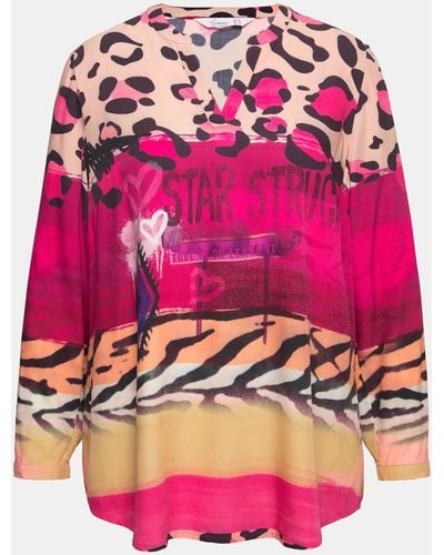 MIAMODA Satinbluse Bluse Musterstreifen Tunika-Ausschnitt Langarm - Pink