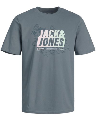 Jack & Jones Print-Shirt JCOMAP Summer Logo Tee SS Crew-Neck mit großem Markenprint - Blau
