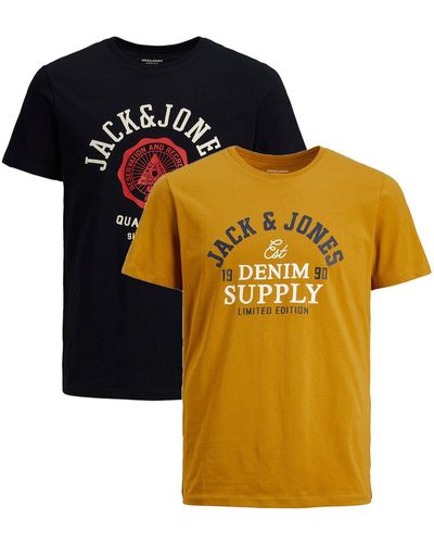 Jack & Jones -er Stück Pack Logo T-Shirts Rundhals Shirt JJELOGO (2-tlg) 4342 in Schwarz-Gelb - Orange