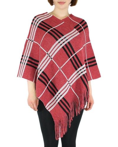 dy_mode Strickponcho Strick Poncho Kariert Fransenponcho Überwurf Cape Pullover in Karo Muster - Rot