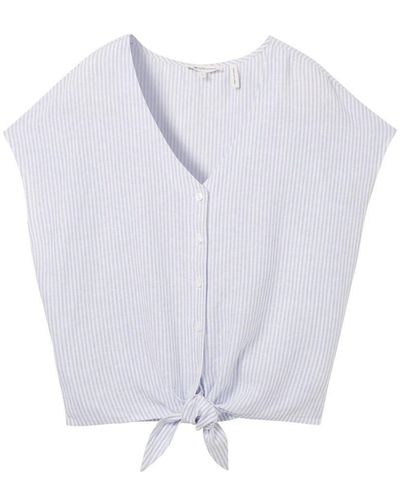 Tom Tailor Blusenshirt linen mix shirt with knot, light blue white small stripe - Weiß