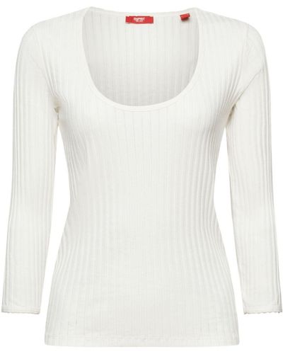 Edc By Esprit 3/4-Arm-Shirt Pointelle-Top mit weitem Rundhalsausschnitt - Weiß