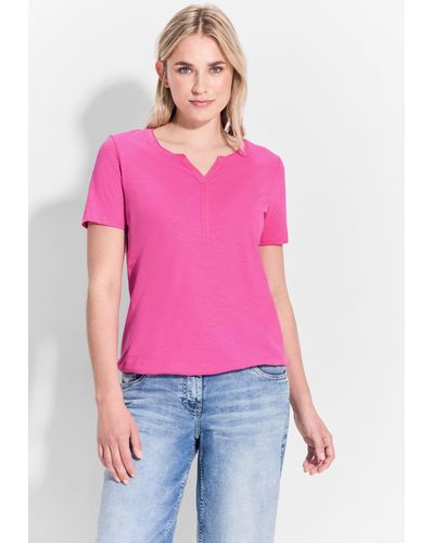 Cecil T-Shirt mit geschlitztem Rundhalsausschnitt - Pink