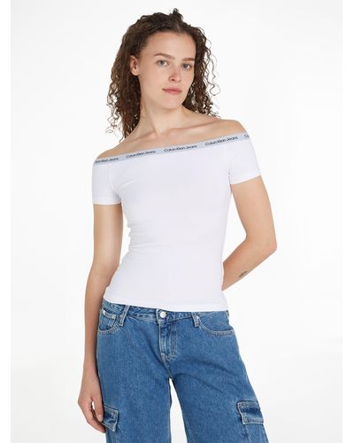 Calvin Klein T-Shirt LOGO ELASTIC BARDOT TOP mit Logoschriftzug - Weiß