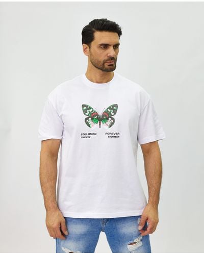 DENIM HOUSE Ässiges Butterfly Oversized T-Shirt in Loose Fit Weiß L