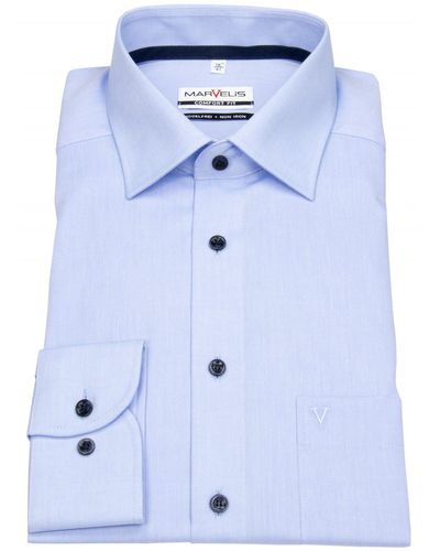 Marvelis Businesshemd Comfort Fit bügelfrei Kentkragen Kontrastknöpfe - Blau