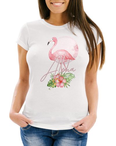 Neverless T-Shirt Flamingo Aloha Tropical Summer Jungle Paradise Hummingbird Slim Fit tailliert Baumwolle ® mit Print - Weiß