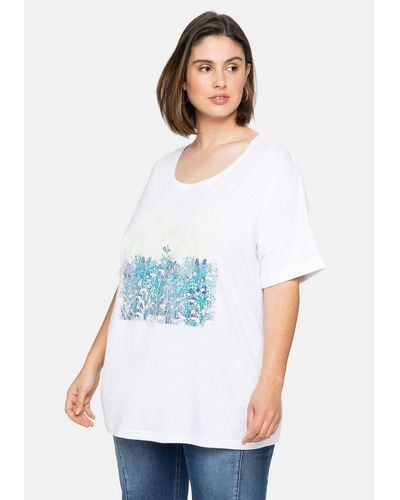 Sheego T-Shirt Große Größen mit Frontdruck und Ärmelaufschlag - Weiß