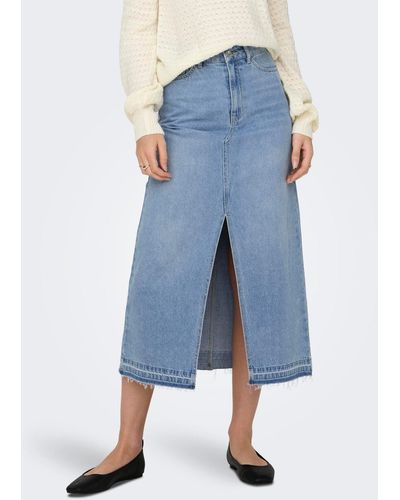 Jacqueline De Yong Sommerrock Maxi Jeans Rock Denim Design Skirt mit Fransen 7541 in Hellblau