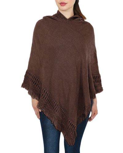 dy_mode Poncho Strickponcho Umhang Cape Pullover Kapuze in Unifarbe, mit Fransen - Braun