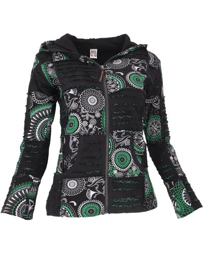 Guru-Shop Langjacke Goa Patchwork Jacke, Boho Kapuzenjacke, Ethno.. alternative Bekleidung - Schwarz