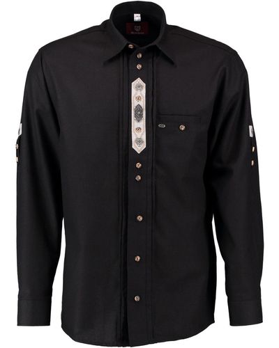 OS-Trachten Trachtenhemd Flafa Langarmhemd mit Edelweiß-Zierteil auf der Knopfleiste - Schwarz