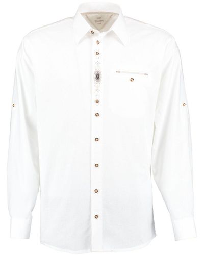 OS-Trachten Trachtenhemd Ticat Langarmhemd mit Zierteil und Stickerei auf der Knopfleiste - Weiß