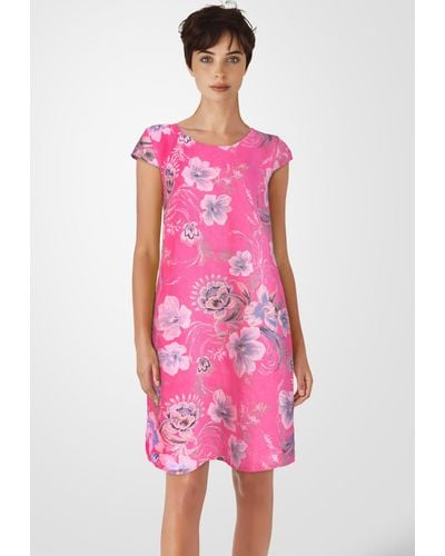 PEKIVESSA Sommerkleid Leinenkleid knielang kurzarm (Einzelartikel, 1-tlg) mit Blumenmuster - Pink