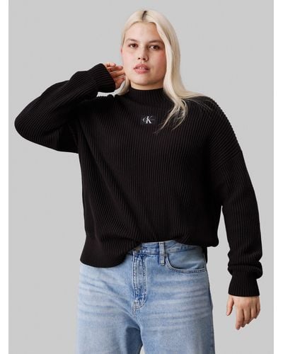 Calvin Klein Calvin Klein Jeans Stehkragenpullover PLUS WOVEN LABEL LOOSE SWEATER in Groß Größen und mit Logopatch - Schwarz