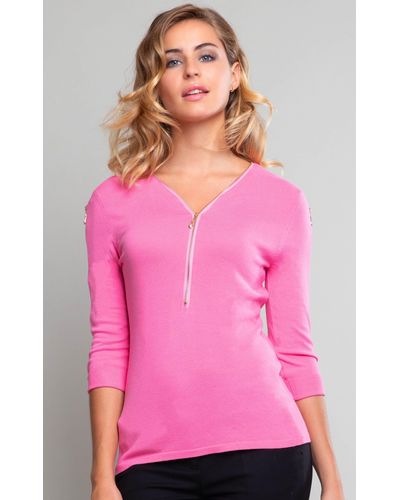 Passioni 3/4 Arm-Pullover in Pink mit goldenem Reißverschluss