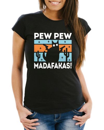 MoonWorks T- Spruch Pew Madafakas Katze Cat crazy verrückt Frauen Fun-Shirt lustig ® mit Print - Schwarz