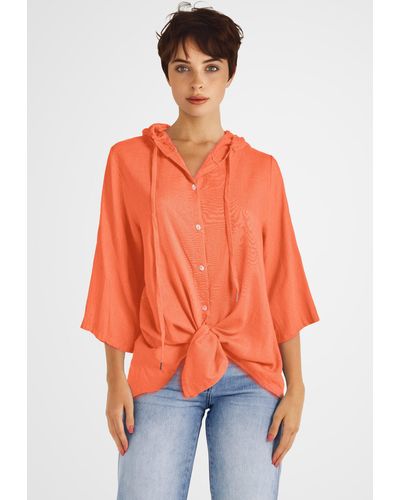 PEKIVESSA Longbluse Bluse mit Kapuze in Leinenstruktur - Orange